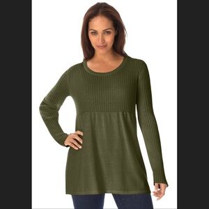 Jessica London Women's Plus Size Ribbed Baby Doll Tunic Sweater- 1X, Olive Green